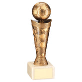 BRONZE/GOLD PLASTIC FOOTBALL FIGURE ON CREAM MARBLE TROPHY - 7.25in